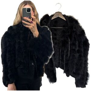 Handmade Black Feather Silver Metallic Black Cardigan Jacket Tie Up Knit Sweater